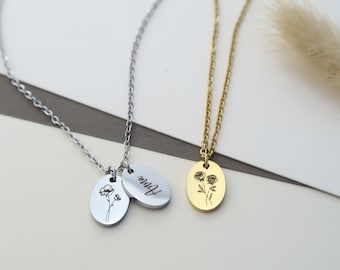 Personalized birth flower necklace, necklace made of stainless steel in silver or 18K gold plated, Christmas gift for her