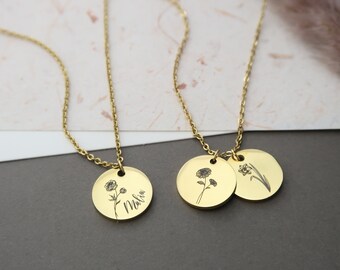 Geburtsblumen Kette, personalisierbare Geburtsblumen Gravur, Kette aus Edelstahl in Silber oder 18K vergoldet, Weihnachtsgeschenk