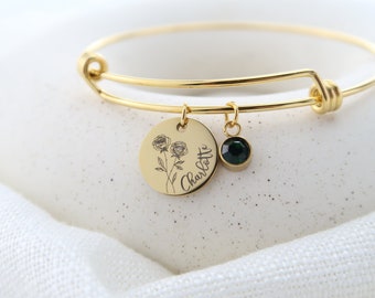 Personalized Birth Flower Bangle, Birth Flower Bracelet, Gift for Mom, Birth Gift, Personalized Christmas Gift