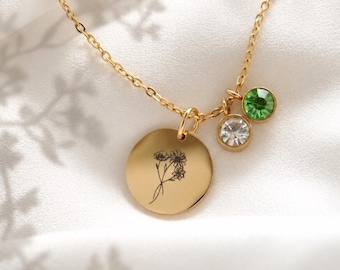 Birth flower necklace - birthstone necklace - personalized necklace - engraved necklace - stainless steel in gold, rose gold and silver