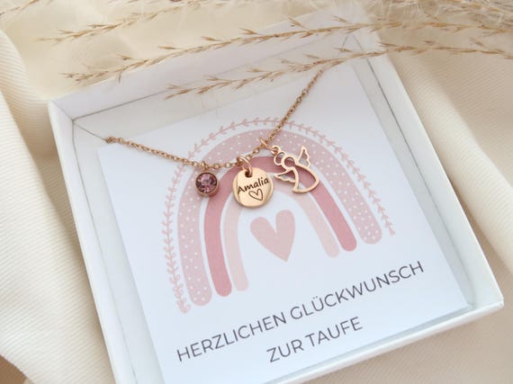Halskette Schutzengel - Geburtsstein Halskette - Taufkette - personalisiertes Geschenk - Kommunion - Konfirmation - Glücksbringer Anhänger
