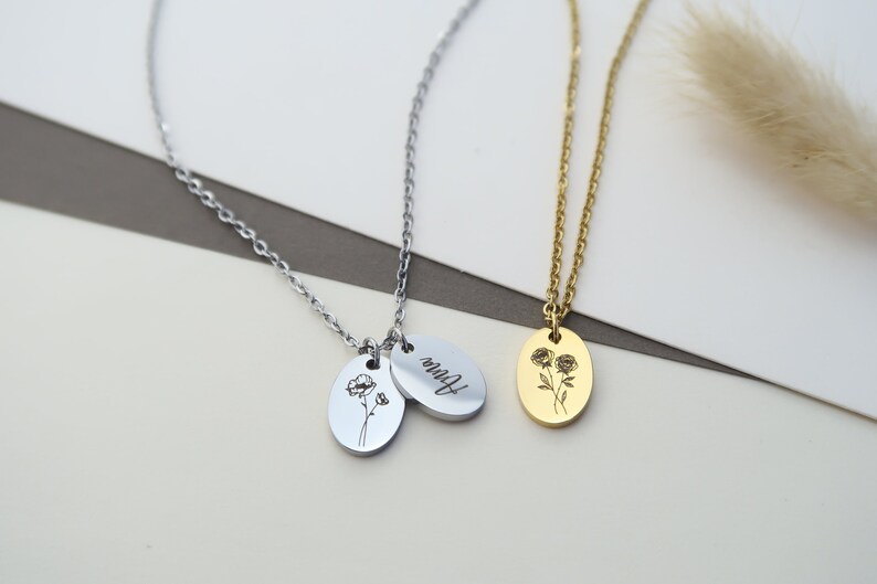 Personalized birth flower necklace, necklace made of stainless steel in silver or 18K gold plated, Christmas gift for her image 1