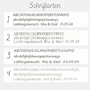 May include: A white background displays four different font styles, each with uppercase and lowercase alphabets, numbers, and the phrase "Lieblingsmensch Mia & Emil 25.05.24". The word "Schriftarten" is at the top.