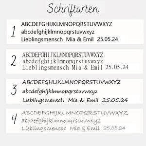 Op de afbeelding: Een lettertype-selectiekaart met de titel Schriftarten met vier genummerde stijlen. Elke rij toont het alfabet in hoofdletters en kleine letters, gevolgd door de voorbeeldtekst: Lieblingsmensch Mia & Emil 25.05.24. Zwarte tekst op een witte achtergrond.