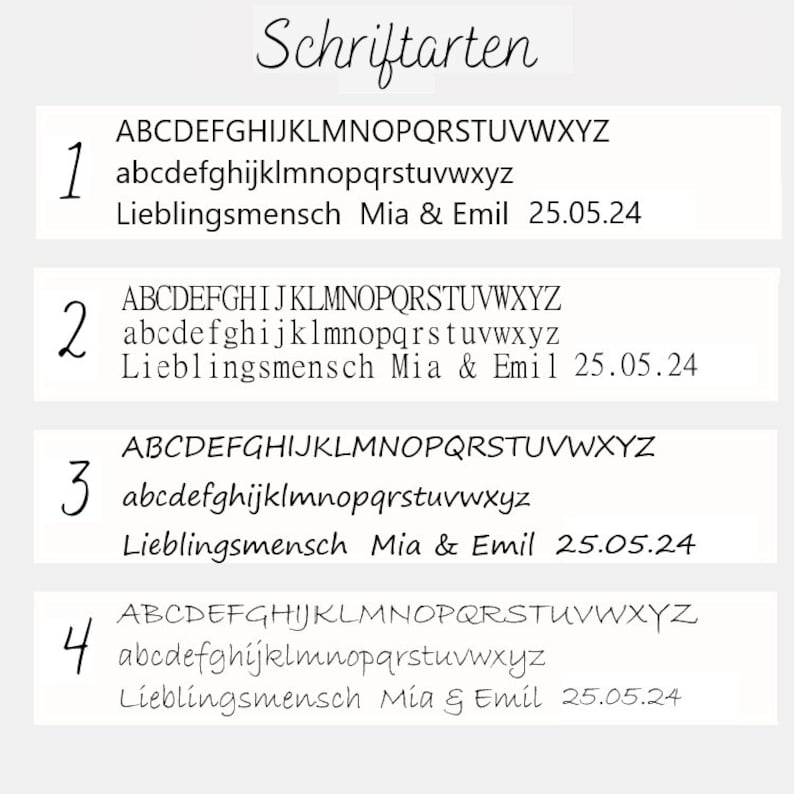 Op de afbeelding: Een lettertype-selectiekaart met de titel Schriftarten met vier genummerde stijlen. Elke rij toont het alfabet in hoofdletters en kleine letters, gevolgd door de voorbeeldtekst: Lieblingsmensch Mia & Emil 25.05.24. Zwarte tekst op een witte achtergrond.