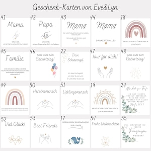 May include: A collection of white greeting cards with various designs and text. The cards feature illustrations of rainbows, hearts, and other symbols. Text includes "Mama", "Papa", "Best Friends", and other celebratory messages.