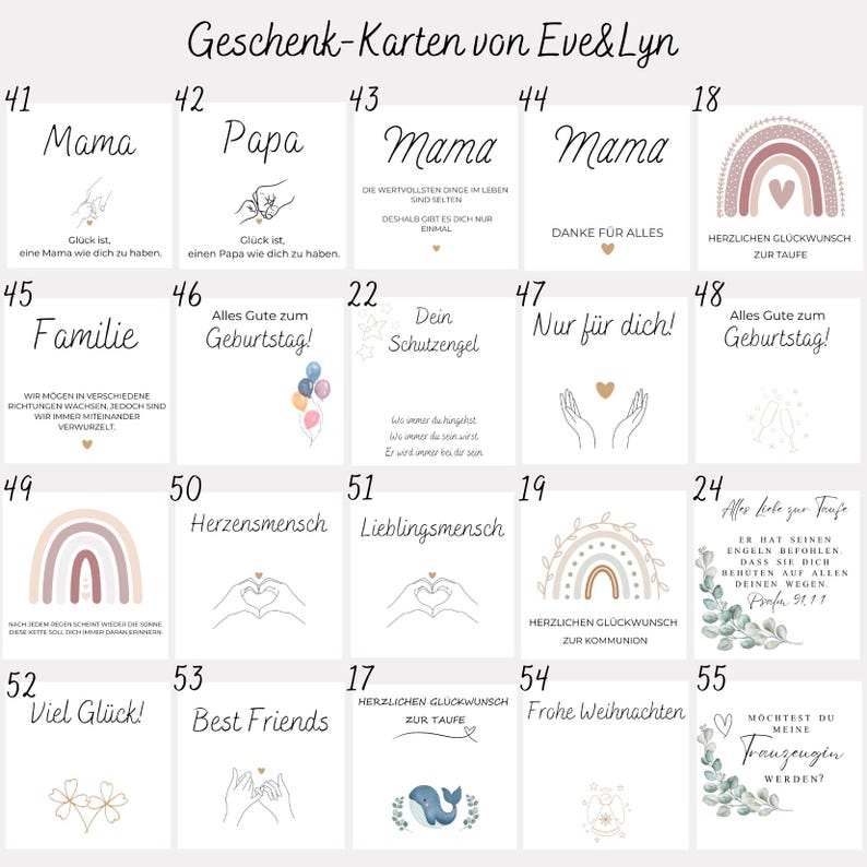 May include: A collection of white greeting cards with various designs and text. The cards feature illustrations of rainbows, hearts, and other symbols. Text includes "Mama", "Papa", "Best Friends", and other celebratory messages.
