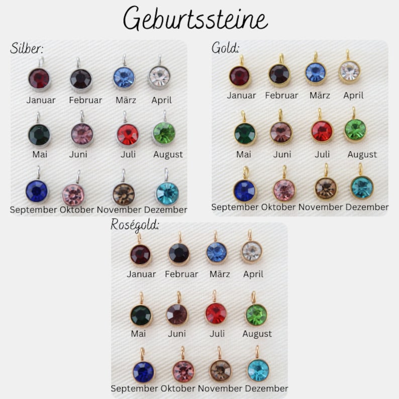 May include: A collection of birthstone pendants in silver, gold, and rose gold. Each pendant features a round, colored gemstone, with months of the year labeled below. The German text "Geburtssteine" is at the top.
