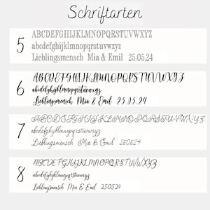 May include: Image showcasing font styles labeled "Schriftarten." The image displays various fonts, including uppercase and lowercase alphabets, along with sample text "Lieblingsmensch Mia & Emil" and a date. Each font is numbered for easy reference.