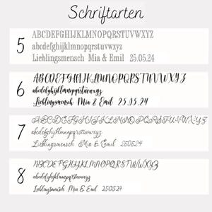 May include: Image showcasing various font styles labeled 5 through 8. Each font is displayed with uppercase and lowercase alphabets, along with the text "Lieblingsmensch Mia & Emil 25.05.24" or "250524". The word "Schriftarten" is at the top.