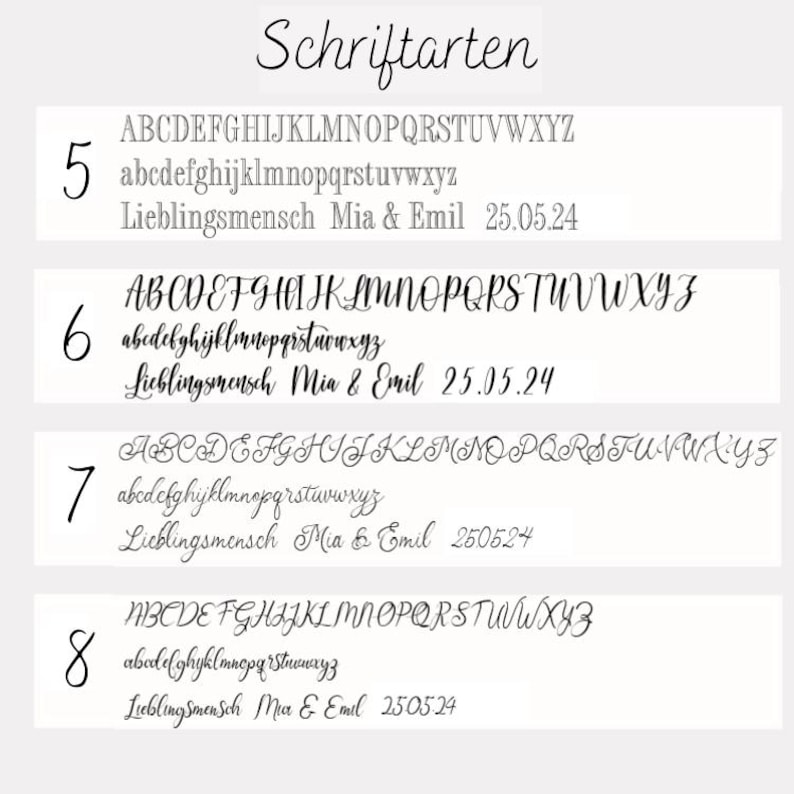 May include: Image showcasing various font styles labeled 5 through 8. Each font is displayed with uppercase and lowercase alphabets, along with the text "Lieblingsmensch Mia & Emil 25.05.24" or "250524". The word "Schriftarten" is at the top.