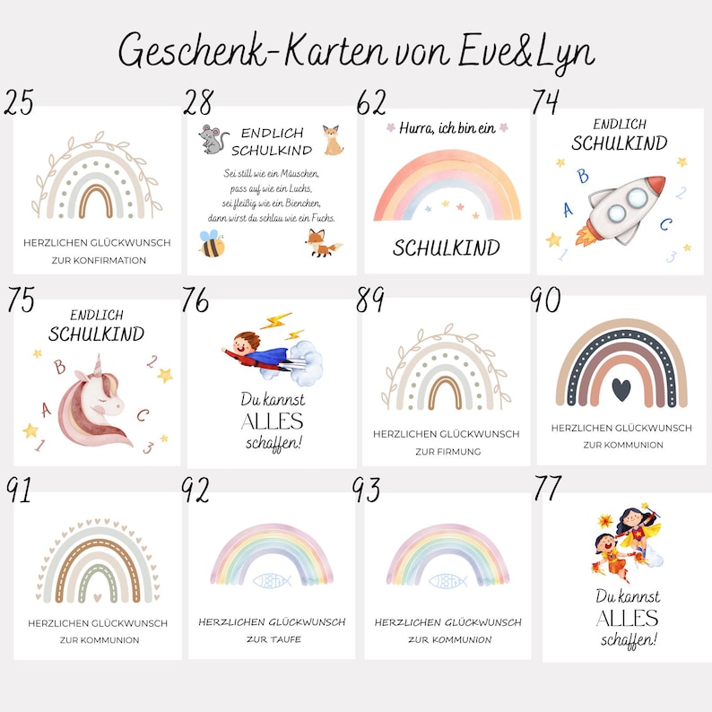 May include: A collection of greeting cards with various designs and text. The cards feature rainbows, a rocket, a unicorn, and other illustrations. Text includes "Herzlichen Gl&uuml;ckwunsch" and "Du kannst ALLES schaffen!"