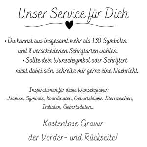 May include: White background with black text. The text reads "Unser Service f&uuml;r Dich" with a heart symbol. Additional text describes options for engraving, including symbols, fonts, and free engraving on both sides.
