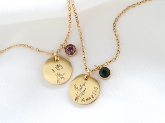 Geburtsblumen Kette personalisierbar mit Geburtsstein - Halskette aus Edelstahl in Silber oder 18K vergoldet - Weihnachtsgeschenk