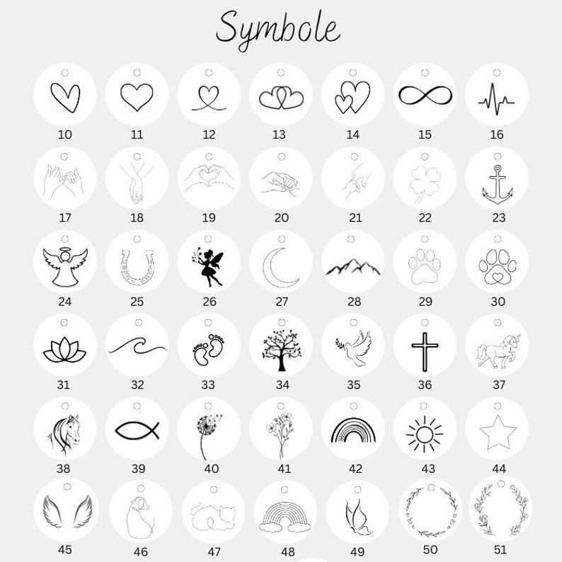 Op de afbeelding: Een raster van 42 ronde witte bedels, elk met een uniek zwart lijntekeningsymbool en een bijbehorend nummer van 10 tot 51. De symbolen omvatten harten, handen, dieren, natuurelementen, hemellichamen en religieuze iconen. Het woord Symbole staat bovenaan.