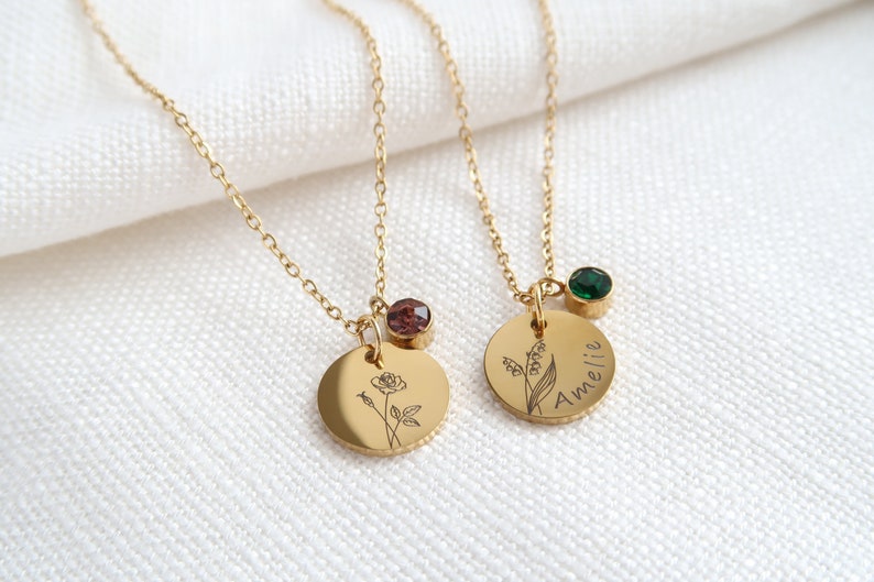 Birth flower necklace customizable with birthstone, stainless steel necklace in silver or 18K gold plated, Christmas gift image 1