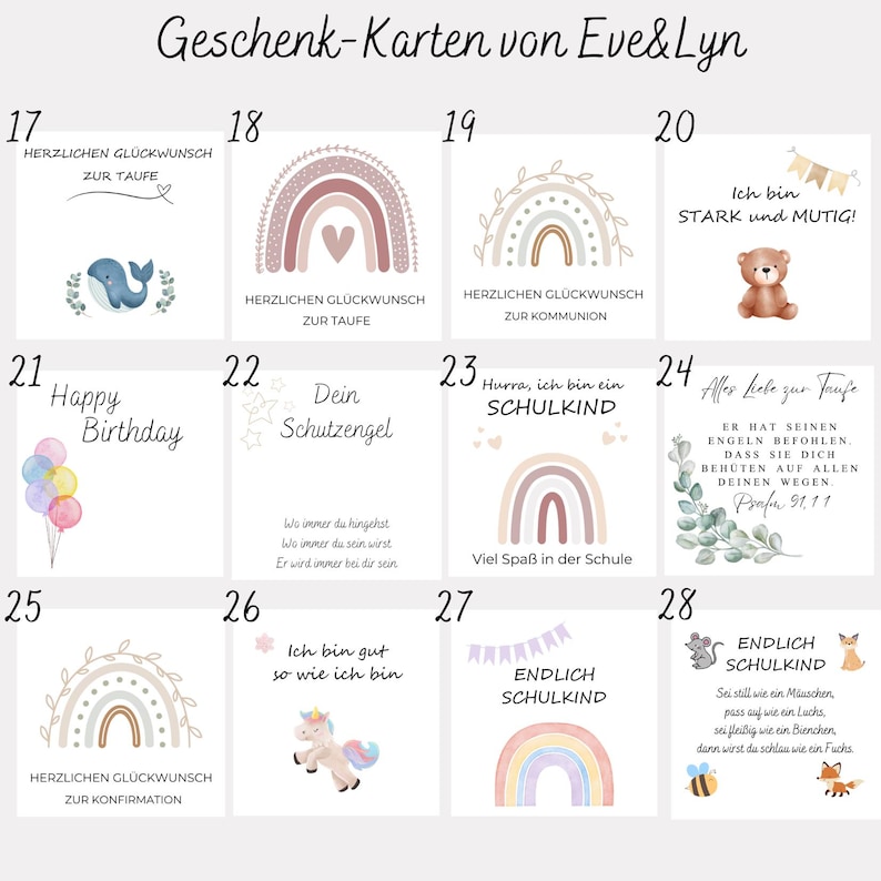 May include: A collection of gift cards with various designs and text. The cards feature illustrations of rainbows, a whale, a teddy bear, balloons, and a unicorn. Text includes phrases like "Happy Birthday," "Endlich Schulkind," and "Herzlichen Gl&uuml;ckwunsch."