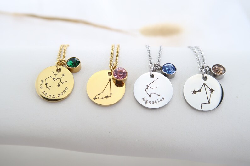 Zodiac sign necklace with birthstone, necklace with zodiac sign engraving, necklace made of stainless steel in silver or 18K gold plated, Christmas gift image 3