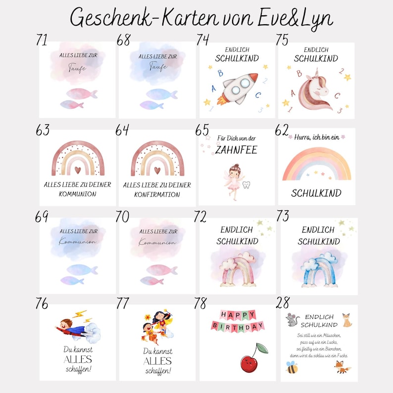 May include: A collection of greeting cards with various designs and text. The cards feature illustrations of rainbows, fish, a rocket, a unicorn, and a fairy. Text includes phrases like "Happy Birthday" and "Finally a school child."
