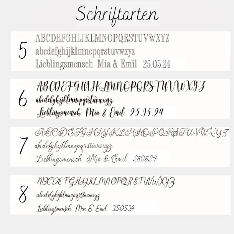 Op de afbeelding: Een overzicht getiteld Schriftarten met vier verschillende letterstijlen, genummerd 5, 6, 7 en 8. Elke rij toont hoofdletters en kleine letters, gevolgd door de voorbeeldtekst 'Lieblingsmensch Mia & Emil 25.05.24' in zwarte inkt op een witte achtergrond.