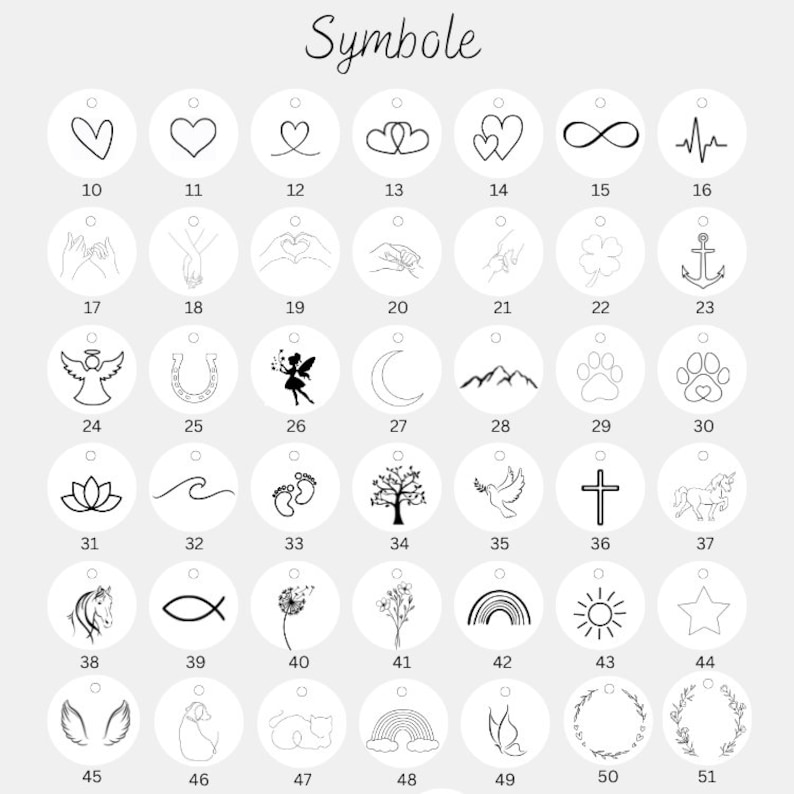 May include: A collection of 51 circular pendants, each featuring a unique black and white symbol. Symbols include hearts, hands, an infinity symbol, a heartbeat, an angel, a horseshoe, a fairy, a moon, mountains, paw prints, a lotus flower, a wave, footprints, a tree, a dove, a cross, a unicorn, a horse, a fish, a dandelion, flowers, a rainbow, a sun, a star, wings, a dog, a cat, a butterfly, and wreaths. The word "Symbole" is written at the top.