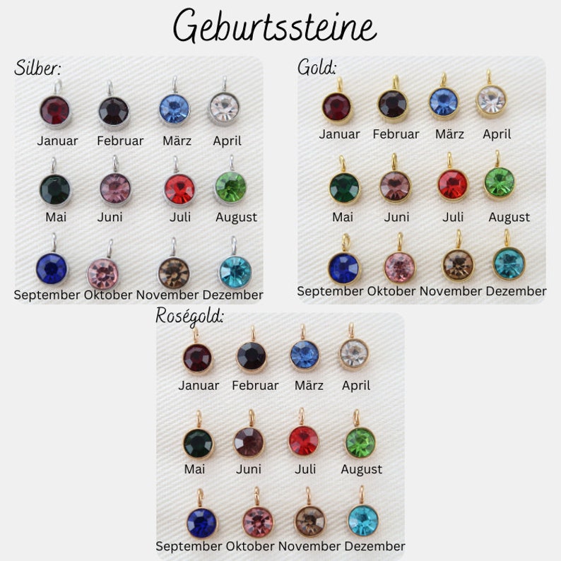 May include: A collection of birthstone pendants in silver, gold, and rose gold. Each pendant features a round, colored gemstone, with months of the year labeled below. The German text "Geburtssteine" is at the top.