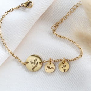 Personalized Birth Flower Bracelet - Stainless Steel in Silver, Rose or Gold - Gift for Mom, Girlfriend, Birth
