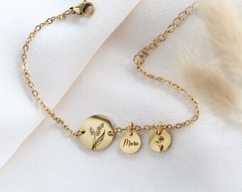 Personalized birth flower bracelet - stainless steel in silver, rose gold or gold - gift for mom, girlfriend, birth