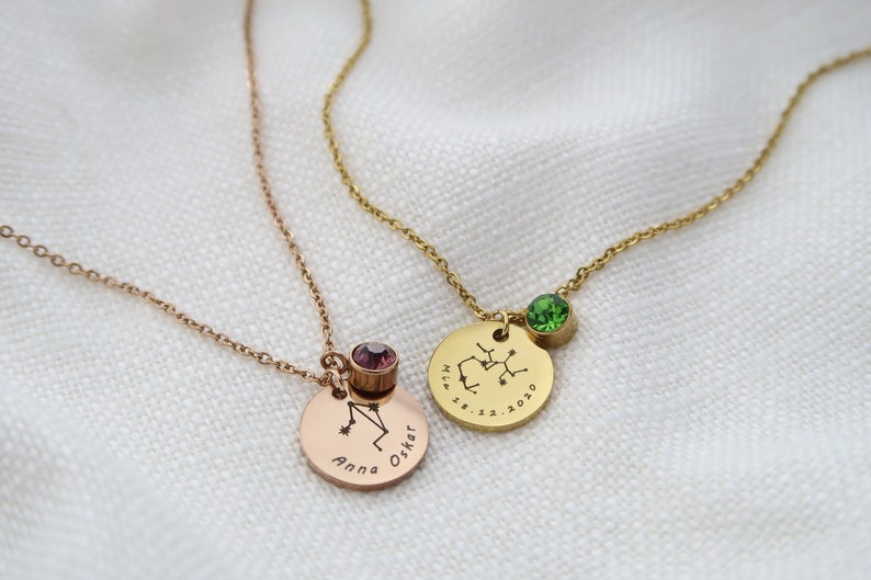 Zodiac sign necklace with birthstone, necklace with zodiac sign engraving, necklace made of stainless steel in silver or 18K gold plated, Christmas gift image 1