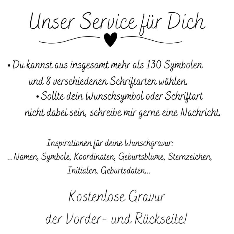 May include: White background with black text. The text reads "Unser Service f&uuml;r Dich" with a heart symbol. Additional text describes options for engraving, including symbols, fonts, and free engraving on both sides.