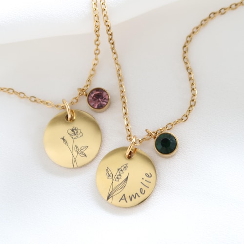 Collar personalizado con flor de nacimiento y piedra de nacimiento - Collar de acero inoxidable con baño de plata o de oro de 18 quilates - Regalo de Navidad