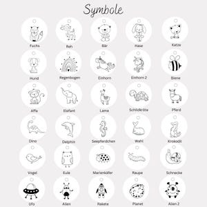 Op de afbeelding: Een verzameling van dertig ronde witte labels in een raster, elk met een zwarte lijntekening van een dier, insect of ruimte-icoon. Het woord Symbole staat bovenaan, met individuele labels onder elk van de ronde iconen.