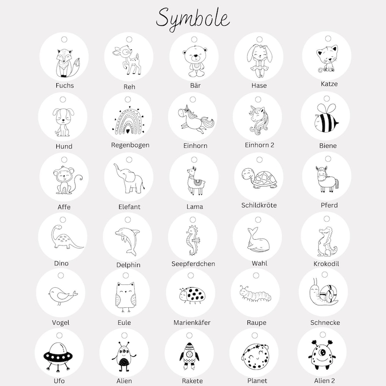 Op de afbeelding: Een verzameling van dertig ronde witte labels in een raster, elk met een zwarte lijntekening van een dier, insect of ruimte-icoon. Het woord Symbole staat bovenaan, met individuele labels onder elk van de ronde iconen.