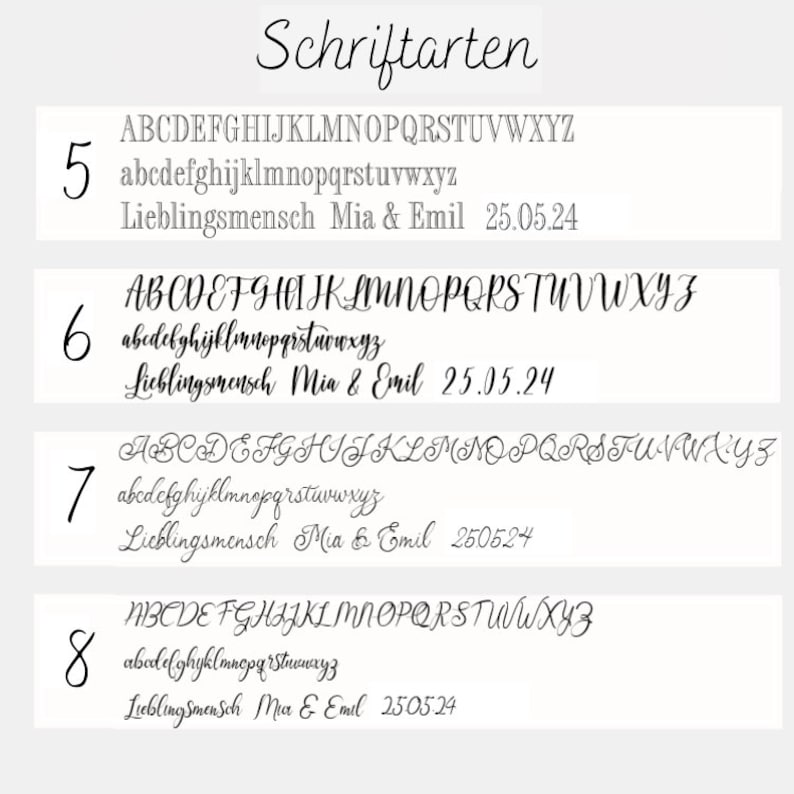 May include: Image displaying font samples numbered 5 to 8, each presenting uppercase and lowercase alphabets. The text "Lieblingsmensch Mia & Emil" and a date are included with each font, illustrating diverse lettering styles.