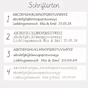 May include: Image showcasing four different font styles, each with uppercase and lowercase alphabets, and the text "Lieblingsmensch Mia & Emil 25.05.24". The word "Schriftarten" is at the top.