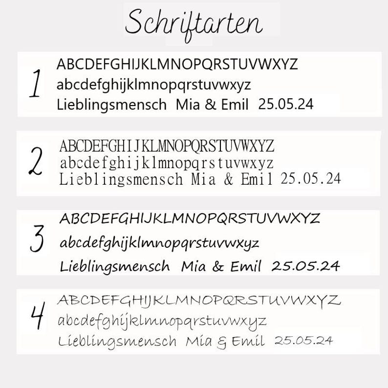 May include: Image showcasing four different font styles, each with uppercase and lowercase alphabets, and the text "Lieblingsmensch Mia & Emil 25.05.24". The word "Schriftarten" is at the top.