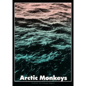 May include: A concert poster for Arctic Monkeys with a black and white image of ocean waves in the background. The text "Arctic Monkeys" is in white and the date "12.08.22 - Port of Burgas, Bulgaria" is in black.
