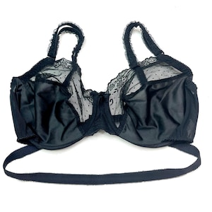 May include: Black bra with lace and sheer mesh detailing. The bra features adjustable straps and a band that wraps around the torso. The cups are lined with a smooth, solid fabric, and the upper cups have a delicate lace trim.