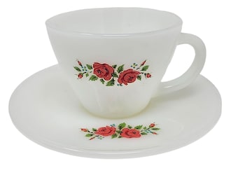 Vintage Anchor Hocking Fire King Milk Glass Tea Cup and Saucer Set Red Rose