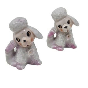 Vintage Enesco 1950s Porcelain Poodles Dog Figurine Red Japan Pink Flower MCM
