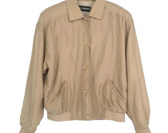 Chaqueta bomber vintage de seda para mujer Diane Gilman, color beige, con cuello y bolsillos abotonados, talla mediana