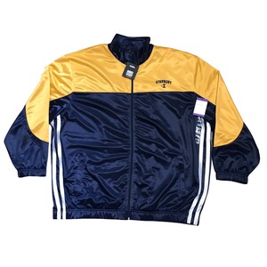 May include: A navy blue and gold satin track jacket with a full zipper closure. The jacket features white stripes down the sleeves and the word "STARBURY" printed on the chest. The jacket has a stand-up collar.