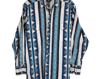 VTG Panhandle Slim Western Pearl Snap Shirt Herren M Tan Braun Blau Azteken-Druck
