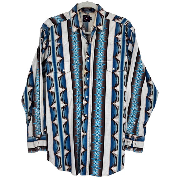 Vtg Panhandle Slim Western Pearl Snap Shirt Mens M Tan Brown Blue