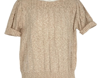 Vintage Short Sleeve Sweater Medium Beige Ribbed Granny Cottage Round Neck
