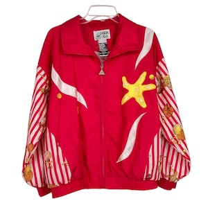 Vintage Casual Isle Windbreaker Full Zip M Red White Collar Starfish Seashells