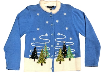 Vintage Christmas Cardigan Sweater Crystal Kobe M Blue Beaded Sequins Faux Fur