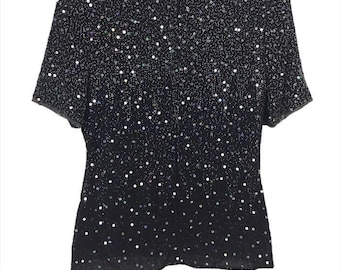 Top vintage in seta nera con perline, cerniera posteriore, manica corta, elegante, paillettes, Stenay S