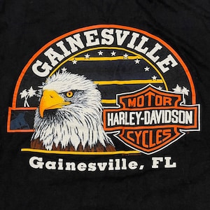 Camiseta vintage Harley Davidson Gainesville FL grande EUA 1995 HD Black Eagle