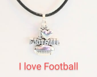 Football Necklace Black Leather Wax Rope Necklace with FOOTBALL Pendant or  I Love Football Pendant  3 Choices